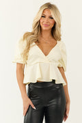 Bright Cream Surplice V Neck Puff Sleeve Top