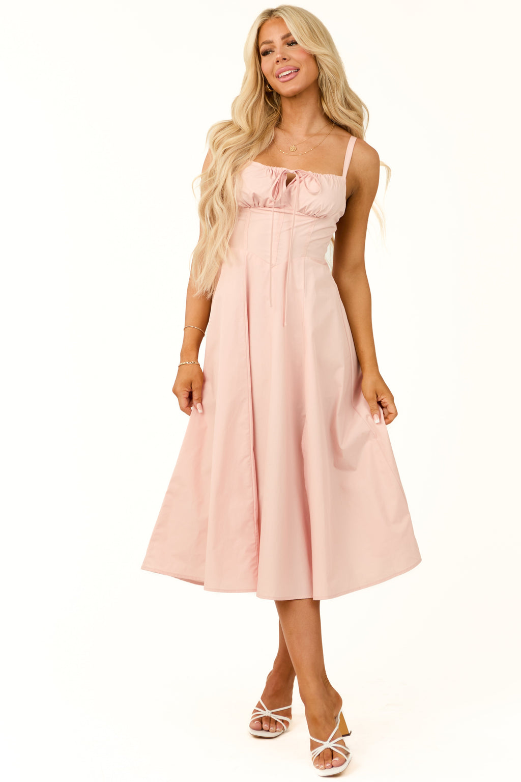 Blush Sleeveless Front Tie Smocked Midi Dress