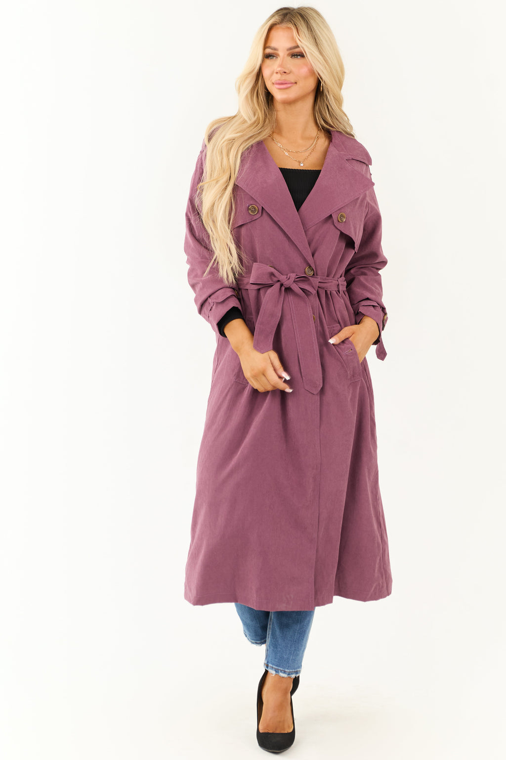 Boysenberry Double Button Long Trench Coat